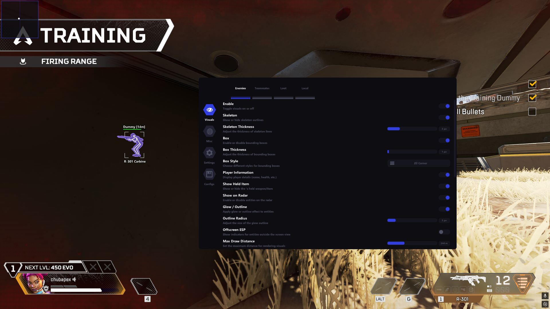 Apex Legends cheats interface with aim controls